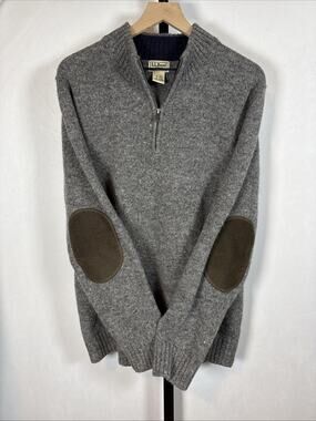 L.L. Bean Ragg Wool 1/4 Zip Sweater Mens Large Gray Elbow Patches Academia Cozy
